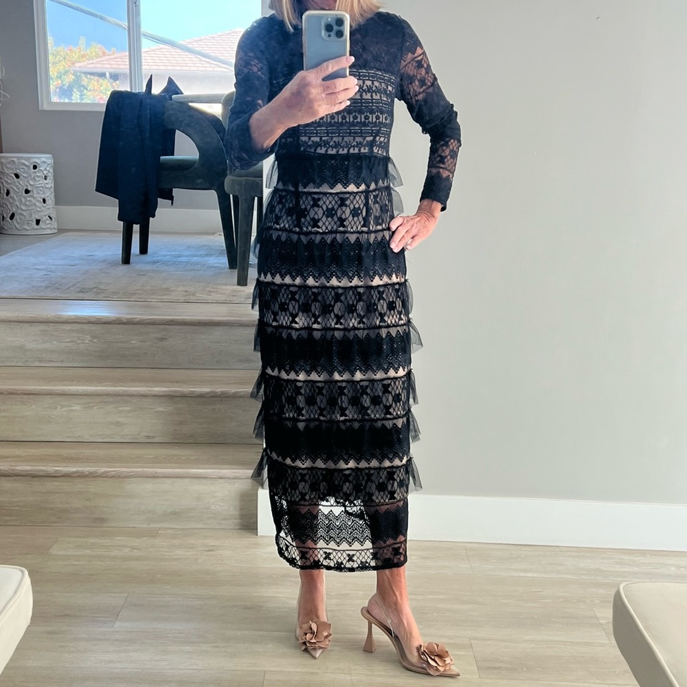Forever That Girl, black maxi dress. Lace overlay over a nude sheath.